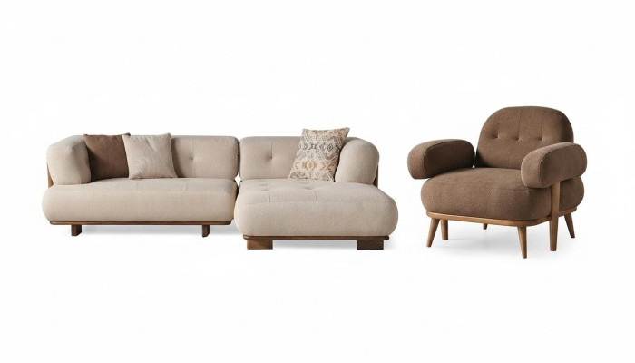 Stylish Beige-Brown Sofa Set Stylish Corner Sofa Textile Armchair 2-piece