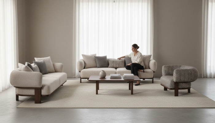 Light gray living room seating set upholstered couches fabric armchair 2x sofas