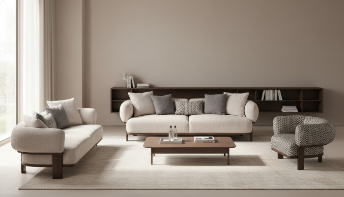 Light gray living room seating set upholstered couches fabric armchair 2x sofas