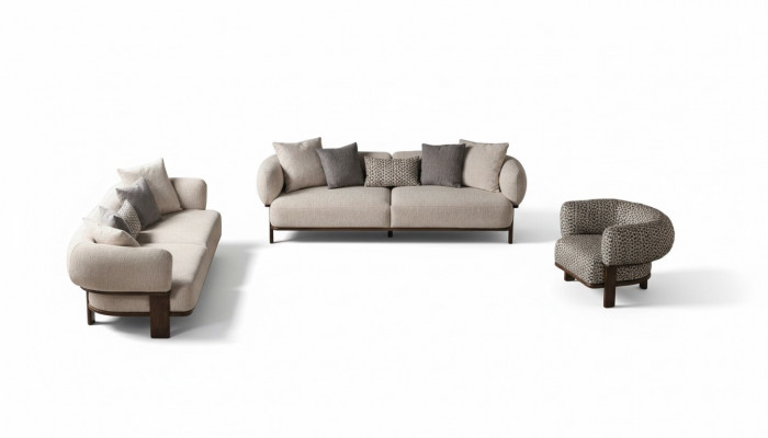 Light gray living room seating set upholstered couches fabric armchair 2x sofas