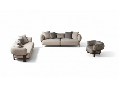 Light gray living room seating set upholstered couches fabric armchair 2x sofas