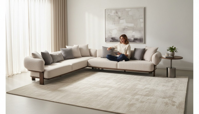 Light beige modern sofa set living room 2x three-seater upholstered sofas