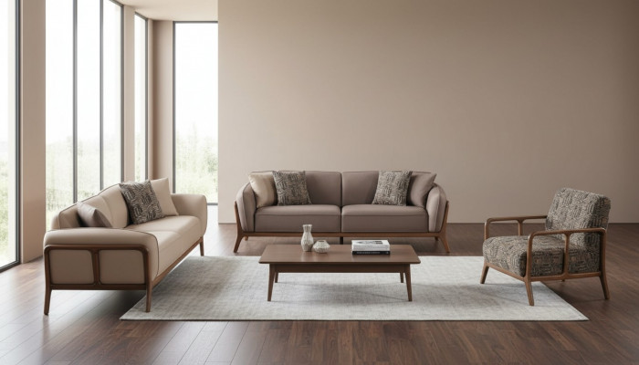 Brown-Beige Living Room Sofa Set Living Room Designer Furniture 2x Couches