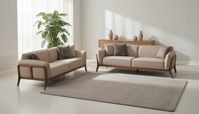 Stylish Beige Three-Seater Living Room Upholstered Sofa Set Furniture