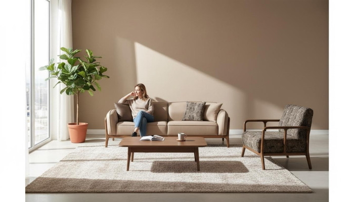 Beige stylish three-seater couch living room seating furniture upholstered armchair