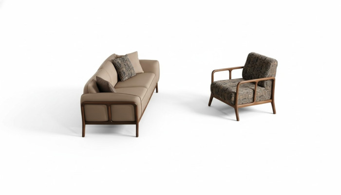 Beige stylish three-seater couch living room seating furniture upholstered armchair