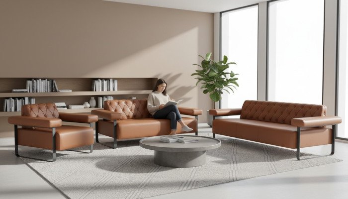 Complete brown leather sofas stainless steel 3-seater 2-seater Chesterfield sofa