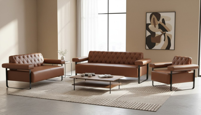 Complete brown leather sofas stainless steel 3-seater 2-seater Chesterfield sofa