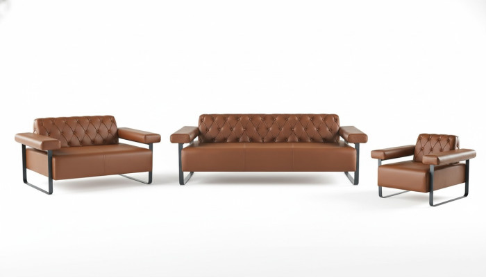Complete brown leather sofas stainless steel 3-seater 2-seater Chesterfield sofa