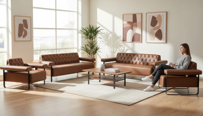 3-seater sofa set, 2x armchairs, stainless steel, Chesterfield design, brown