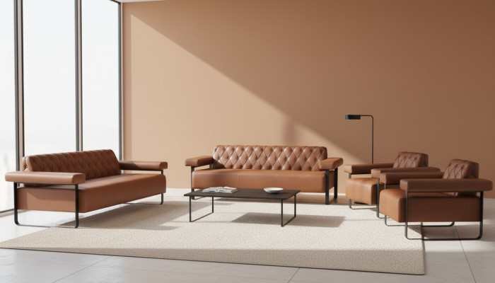 3-seater sofa set, 2x armchairs, stainless steel, Chesterfield design, brown