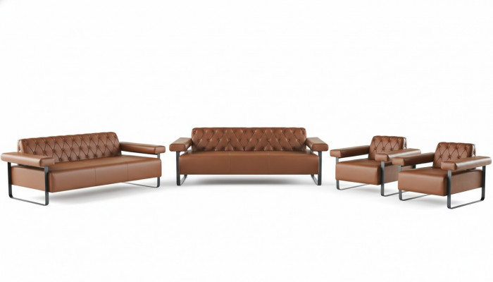 3-seater sofa set, 2x armchairs, stainless steel, Chesterfield design, brown