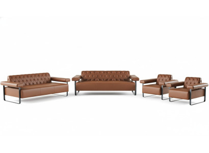 3-seater sofa set, 2x armchairs, stainless steel, Chesterfield design, brown