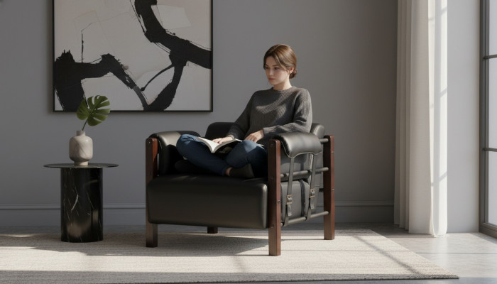 Black armchair, modern armchair, wood, leather, soft armrests, 1-seater