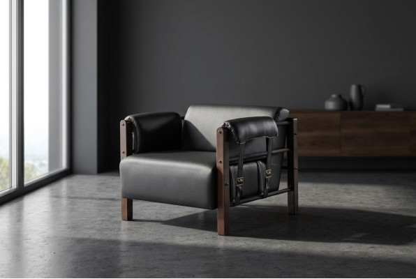 Black armchair, modern armchair, wood, leather, soft armrests, 1-seater