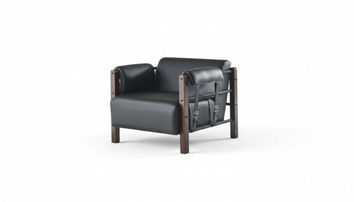 Black armchair, modern armchair, wood, leather, soft armrests, 1-seater