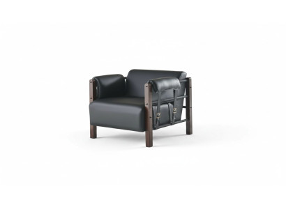Black armchair, modern armchair, wood, leather, soft armrests, 1-seater