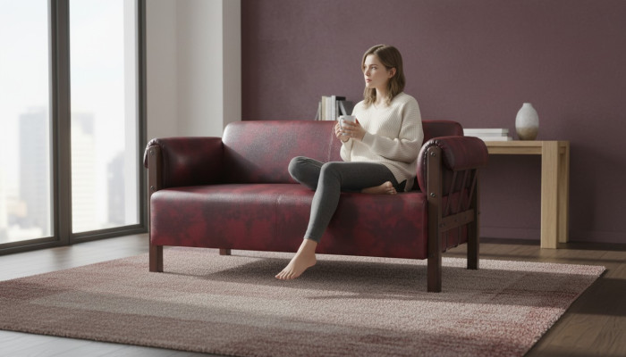 Couch Bordeaux Leather Sofa 2-Seater Leather Wood Modern Sofa Armrests