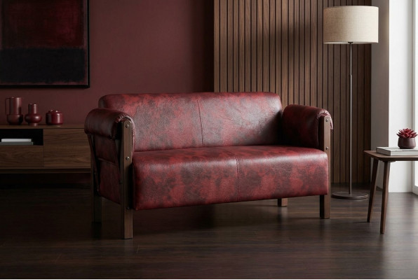 Couch Bordeaux Leather Sofa 2-Seater Leather Wood Modern Sofa Armrests