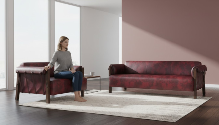 Couch Leather Sofas 3-Seater 2-Seater Bordeaux Modern Style Leather Wood Set