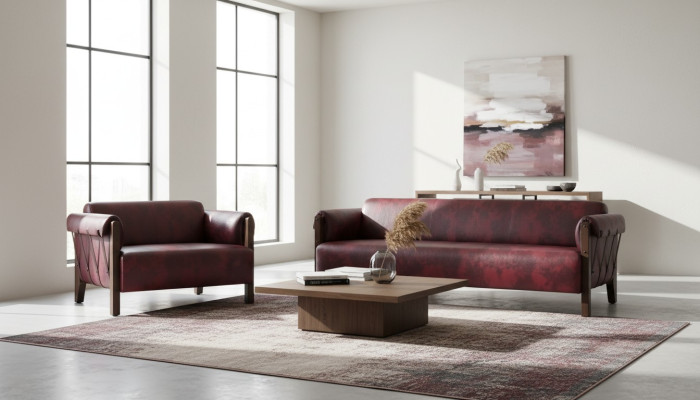 Couch Leather Sofas 3-Seater 2-Seater Bordeaux Modern Style Leather Wood Set