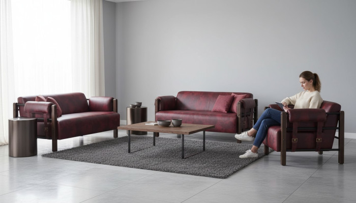 Sofa set 2-seater armchair leather sofas complete leather wood modern soft