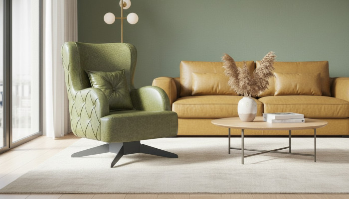 Chair Upholstery 1-Seater Green Cushion Plain Classic Style Leather Wood