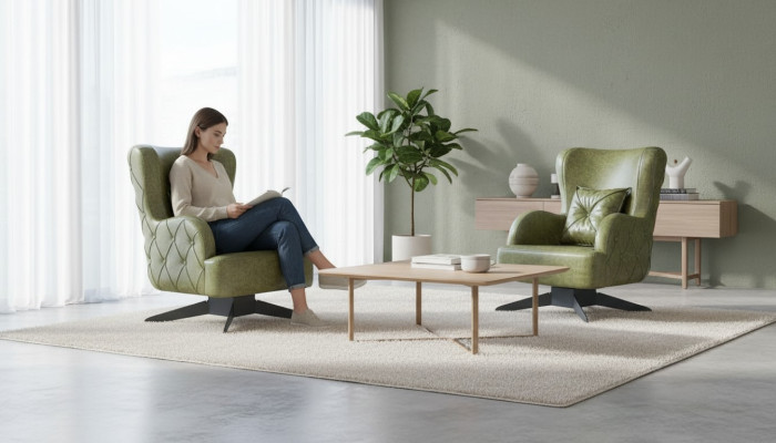 Chesterfield set armchair green upholstery classic stainless steel legs leather cushion