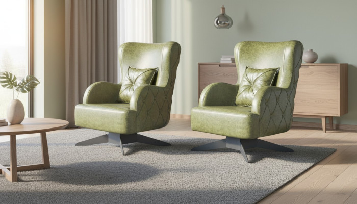 Chesterfield set armchair green upholstery classic stainless steel legs leather cushion
