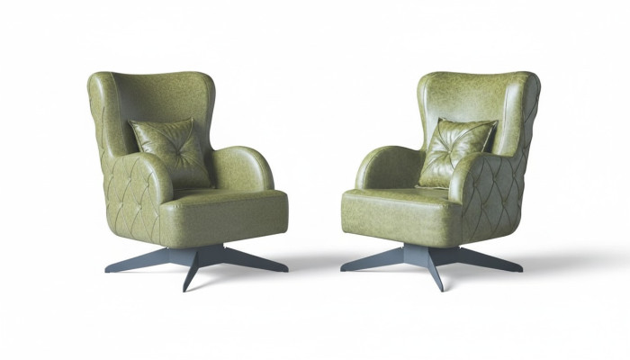 Chesterfield set armchair green upholstery classic stainless steel legs leather cushion