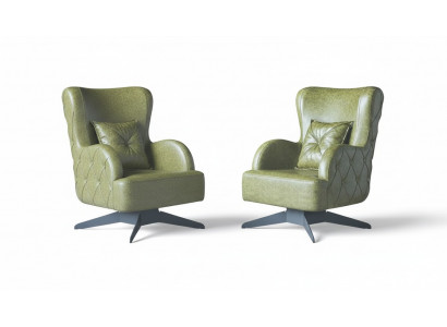 Chesterfield set armchair green upholstery classic stainless steel legs leather cushion
