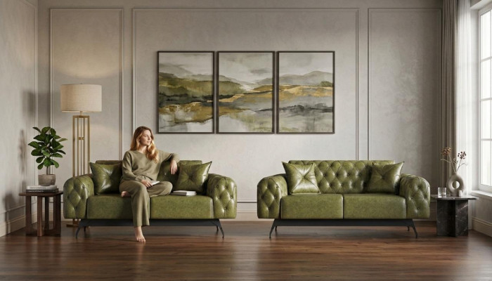 Sofa set 2-seater leather sofas green Chesterfield classic cushion upholstery