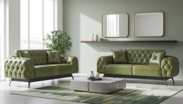Sofa set 2-seater leather sofas green Chesterfield classic cushion upholstery