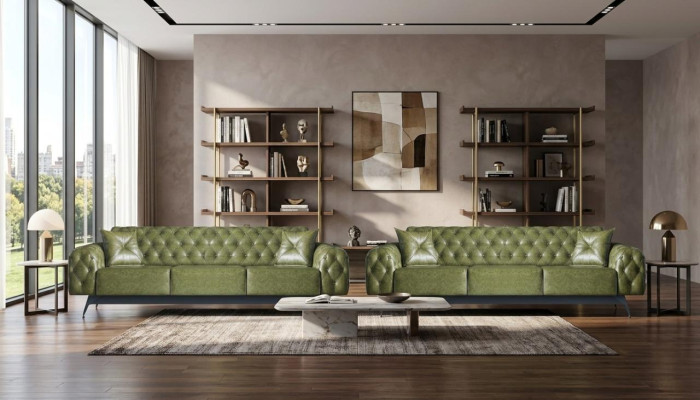Chesterfield sofa sets, 3-seater sofas, green, classic cushions