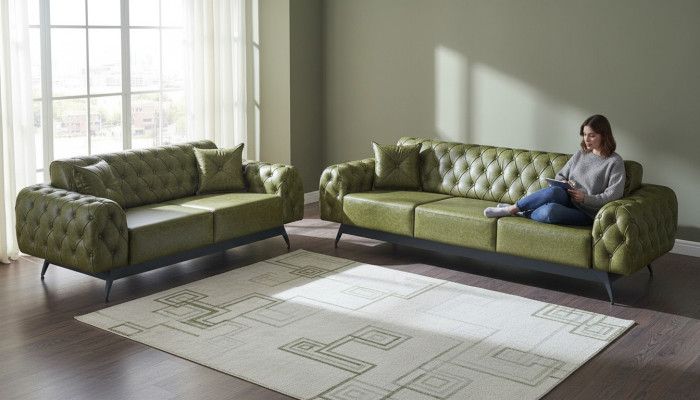 Leather sofas 3-seater 2-seater Chesterfield green solid color classic sofas