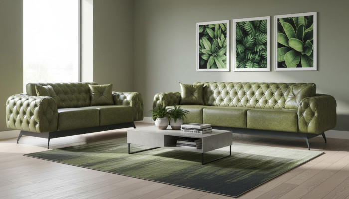 Leather sofas 3-seater 2-seater Chesterfield green solid color classic sofas