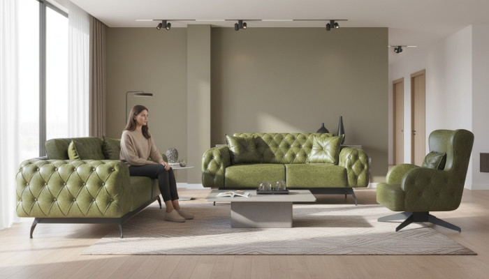 Chesterfield Sofa Set 3-Seater 2-Seater Leather Wood Armchair Green Classic