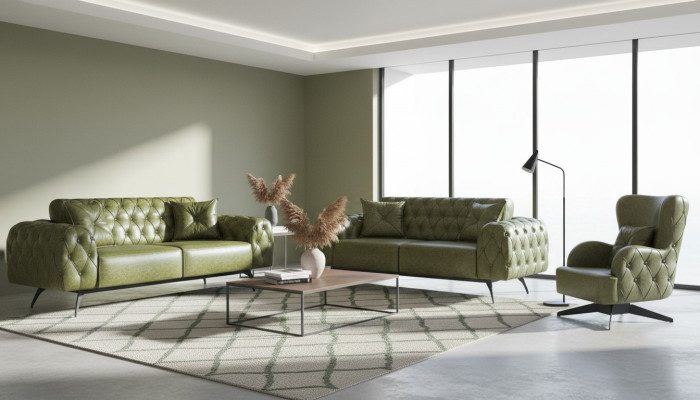 Chesterfield Sofa Set 3-Seater 2-Seater Leather Wood Armchair Green Classic