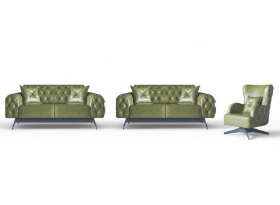 Chesterfield Sofa Set 3-Seater 2-Seater Leather Wood Armchair Green Classic