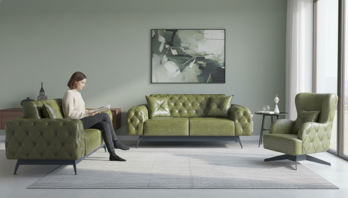 Leather Couch Sofa Set 2-Seater Green Cushion Upholstery Chair Classic Soft