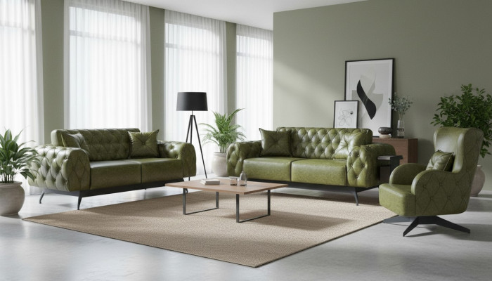 Leather Couch Sofa Set 2-Seater Green Cushion Upholstery Chair Classic Soft