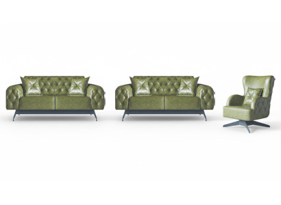 Leather Couch Sofa Set 2-Seater Green Cushion Upholstery Chair Classic Soft