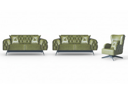 Leather Couch Sofa Set 2-Seater Green Cushion Upholstery Chair Classic Soft