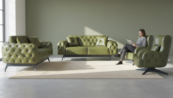 Sofa set cushion padding 2-seater leather armchair green seating furniture Chesterfield