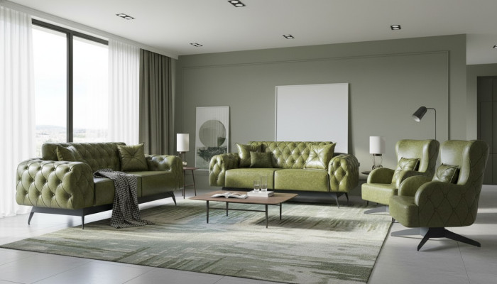 Sofa set cushion padding 2-seater leather armchair green seating furniture Chesterfield