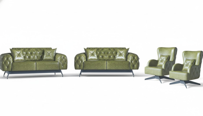 Sofa set cushion padding 2-seater leather armchair green seating furniture Chesterfield