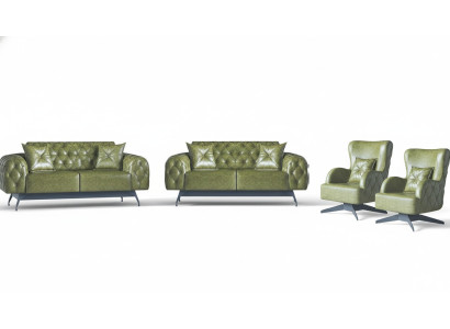 Sofa set cushion padding 2-seater leather armchair green seating furniture Chesterfield
