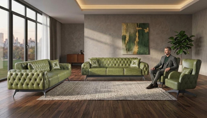Sofas Set Couch 3-Seater Leather Armchair Green Classic Chesterfield Upholstery 4-piece.