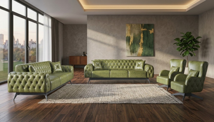 Sofas Set Couch 3-Seater Leather Armchair Green Classic Chesterfield Upholstery 4-piece.