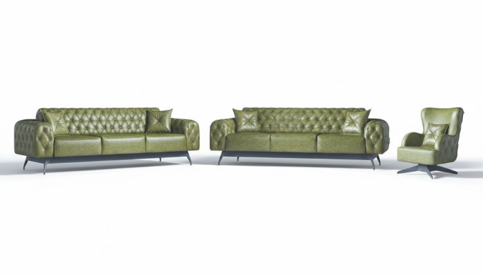 Sofas Set Couch 3-Seater Leather Armchair Green Classic Chesterfield Upholstery 4-piece.